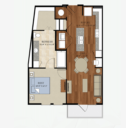 Floor plan for 1 bed, 1 bath, 702 sqft